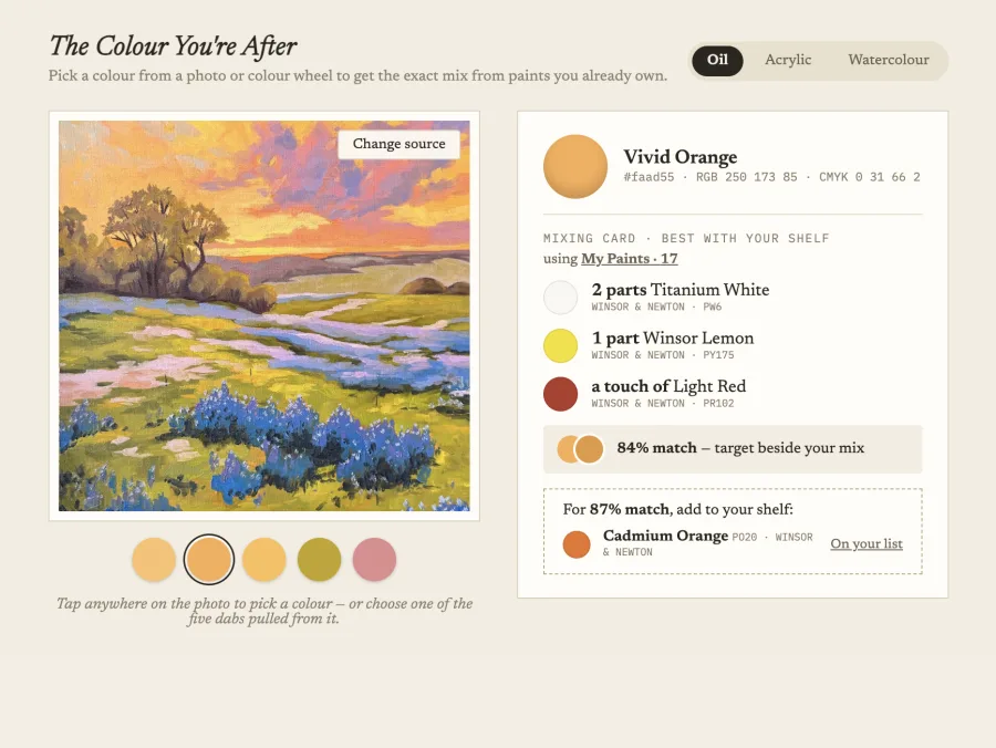 Colour Mixer — photo colour picking and mixing card