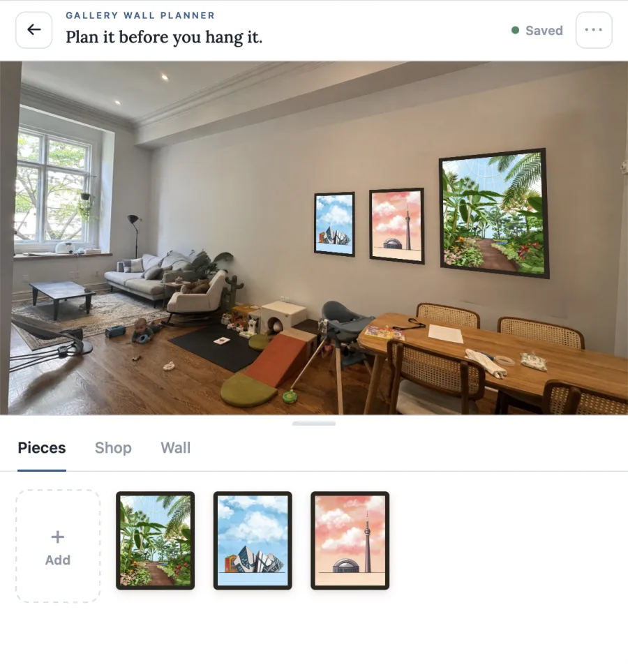 Gallery Wall Planner — artwork arranged on a photo of a wall