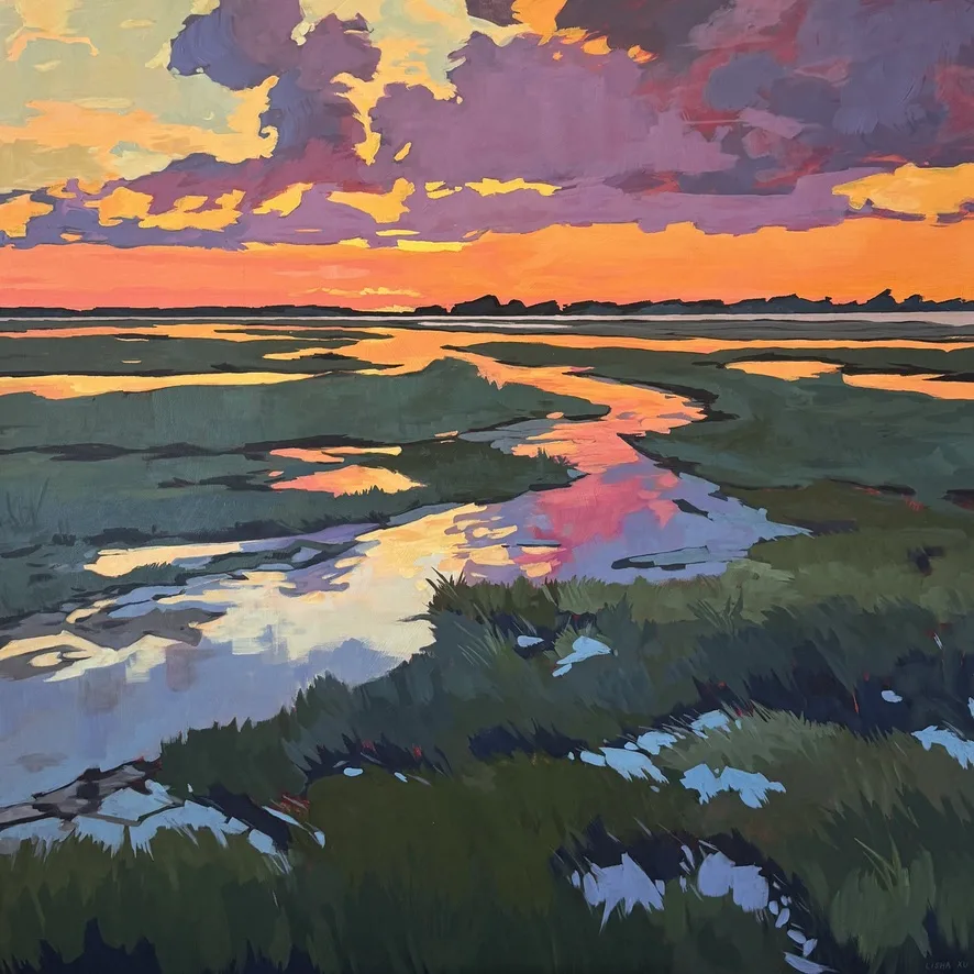 Tidal Wetlands — acrylic painting of a sunset over tidal marsh channels